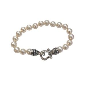 Silver Pearl Bracelet with Pave Horseshoe Buckle Clasp, 7.5"